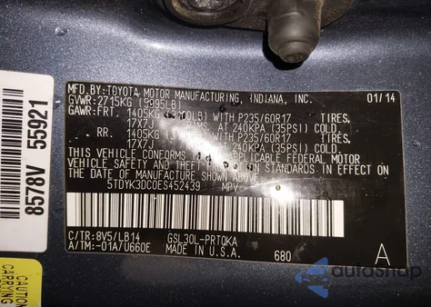 2014 Toyota Sienna Xle V6 8 Passenger z USA, uszkodzony, nr VIN 5TDYK3DC0ES452439
